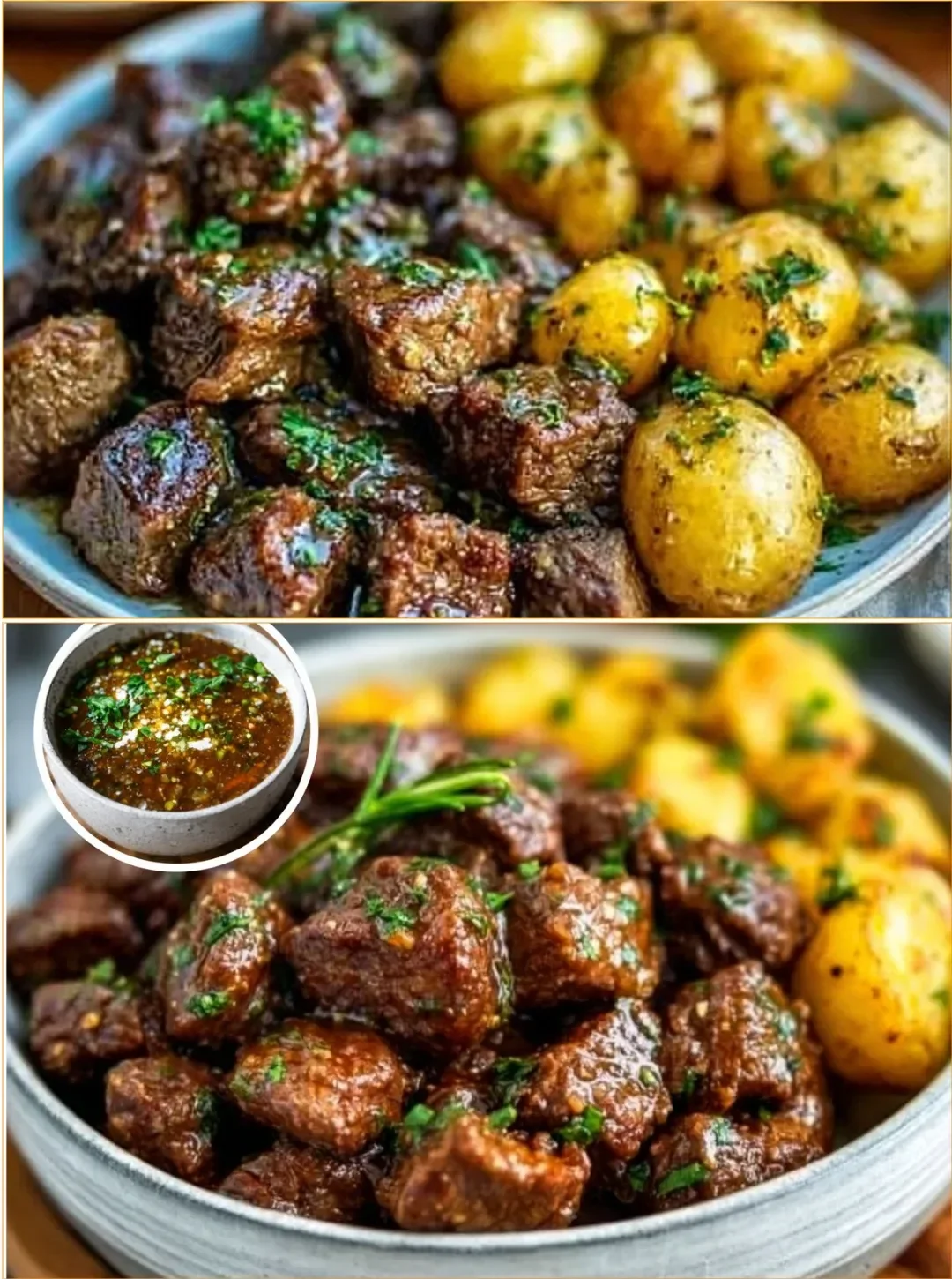 Hohe Protein Slow Cooker Knoblauchbutter Rindfleischbissen auf einem Teller serviert