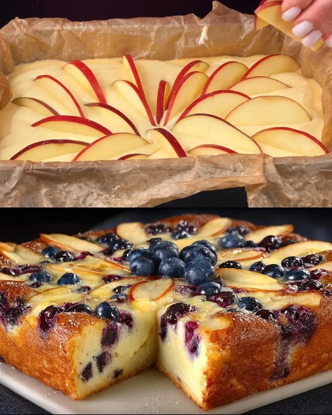 Hüttenkäse und Apfelkuchen auf einem Teller angerichtet
