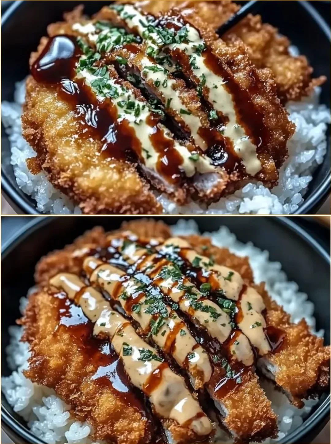 Leckere japanische Katsu-Schalen mit knusprigem Fleisch und Reis.