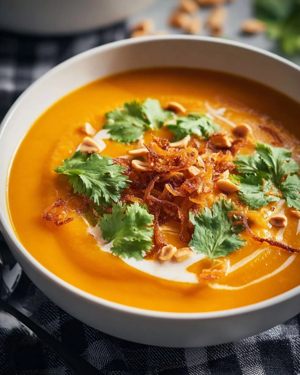 Schüssel mit Karotten-Ingwer-Suppe, garniert mit frischen Kräutern.