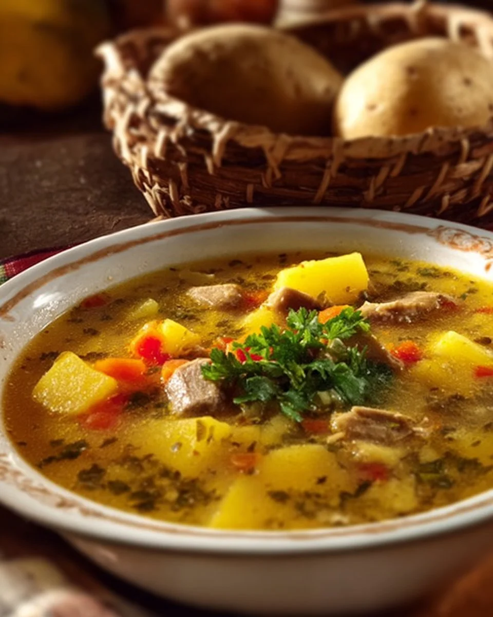 Schüssel mit cremiger Kartoffelsuppe und Pilzen, serviert mit frischem Brot