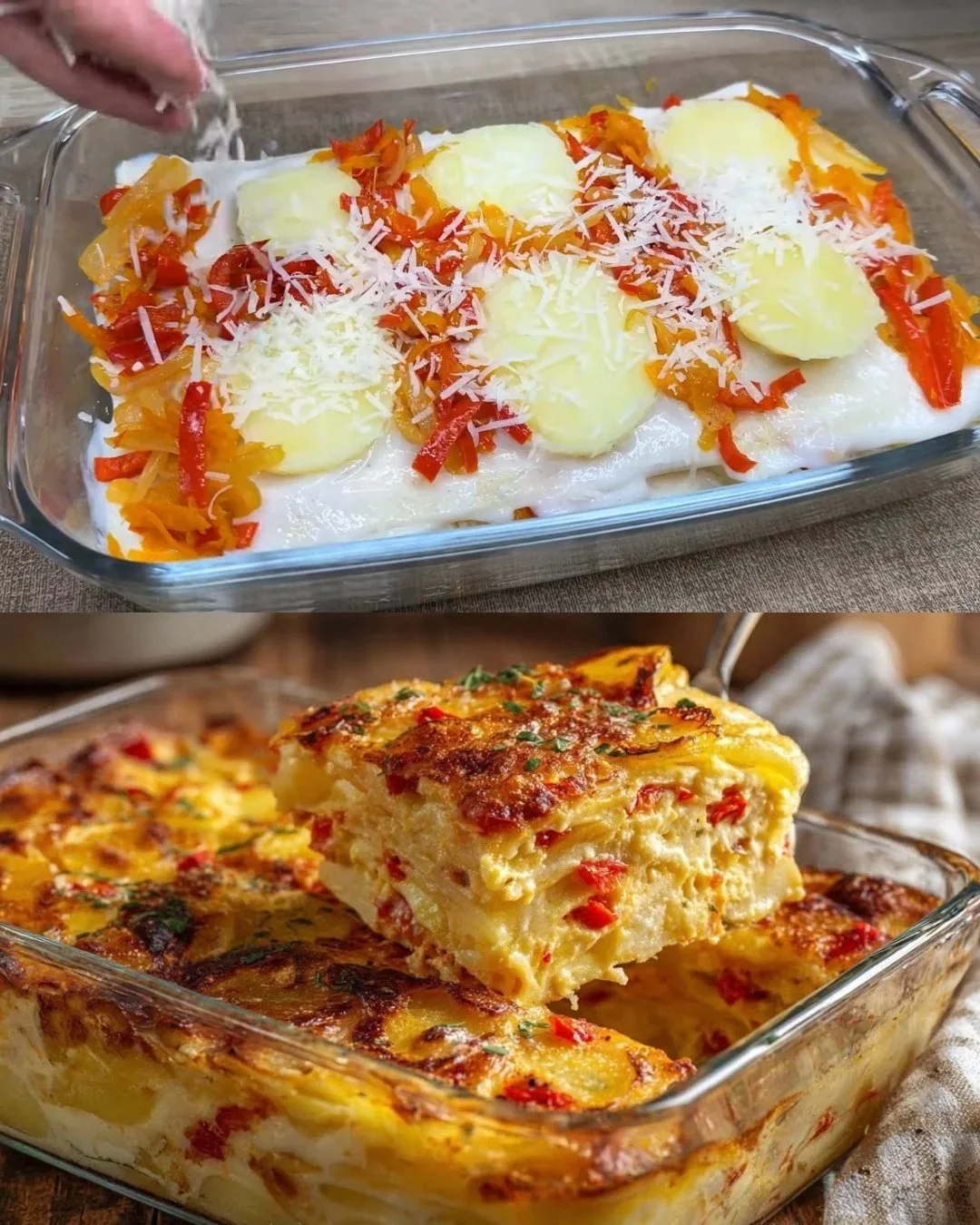 Käse Lasagne mit Kartoffeln und Gemüse auf einem Teller serviert