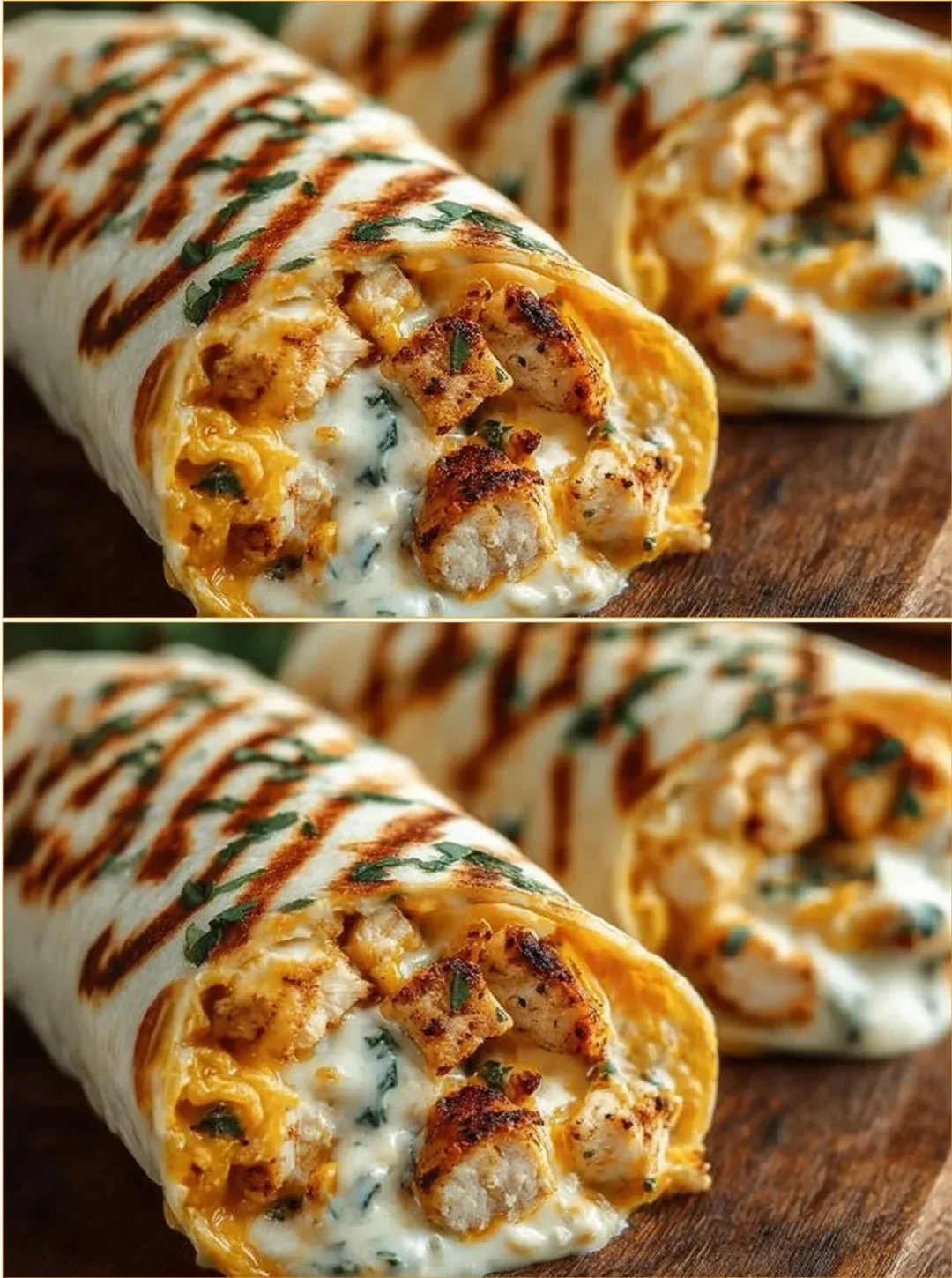 Käsige Knoblauch Hähnchen Wraps auf einem Teller serviert