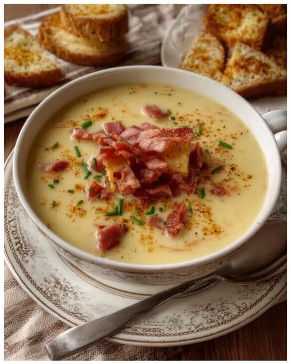 Cremige Knoblauch-Kartoffelsuppe mit Speck in einer Schüssel