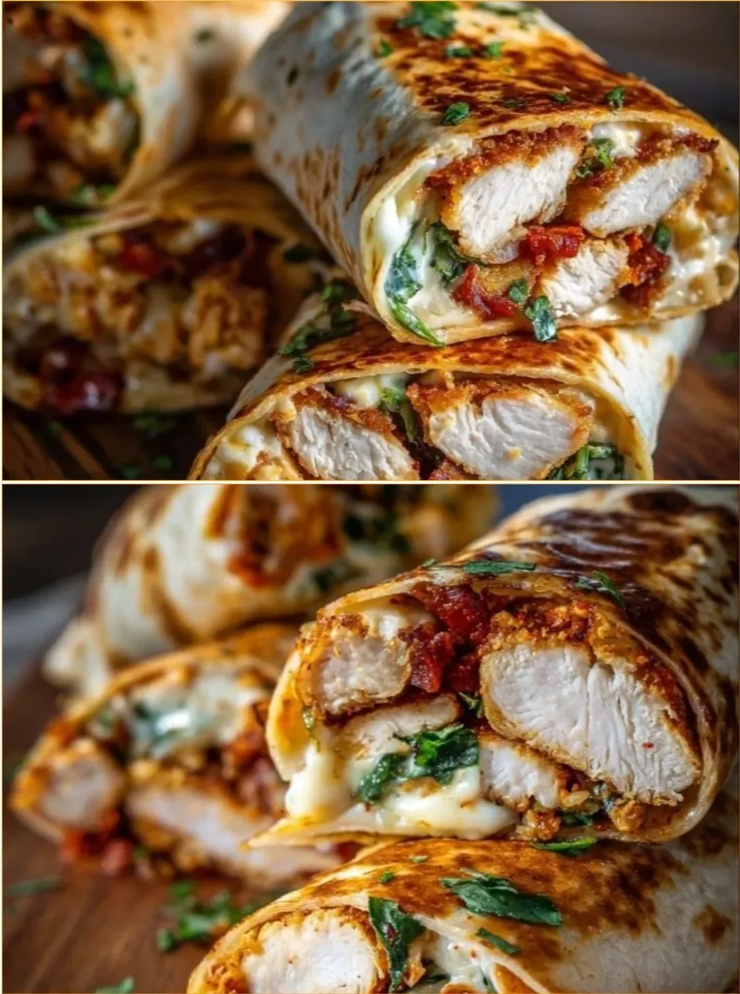 Knusprige Airfryer-Hühnchen- und Mozzarella-Wraps auf einem Teller serviert.