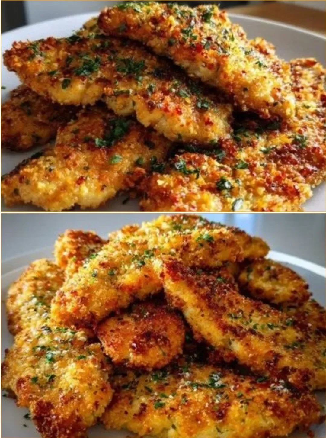 Knuspriges Parmesan-Knoblauch-Hähnchen auf einem Teller serviert.