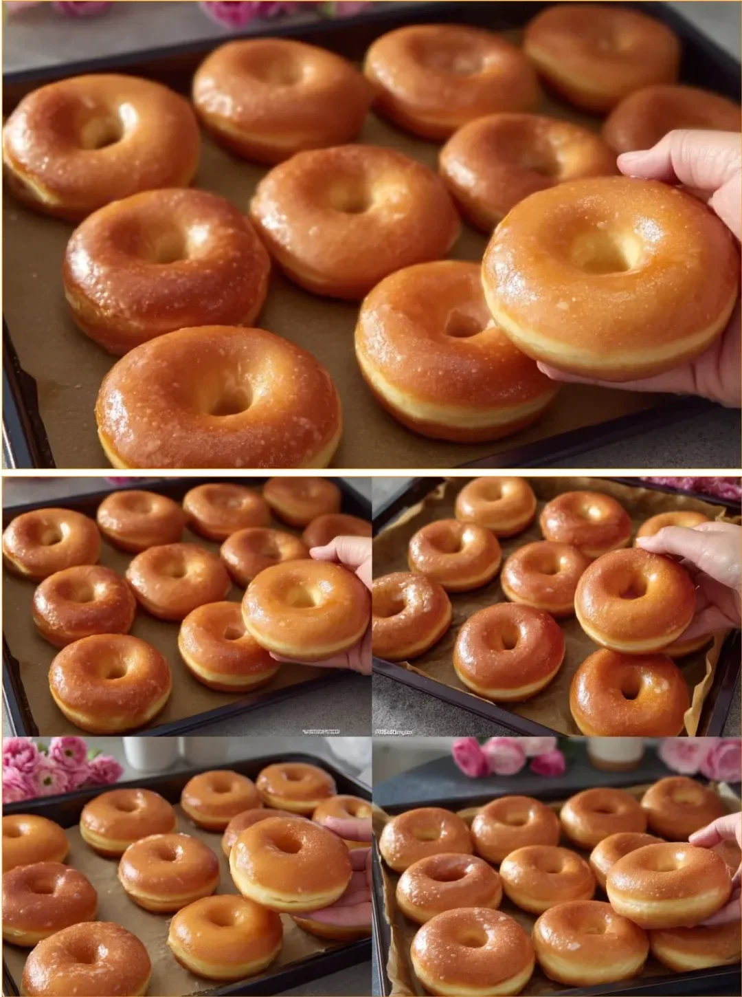 Frisch gebackene Krapfen mit Puderzucker und Marmelade auf einem Teller