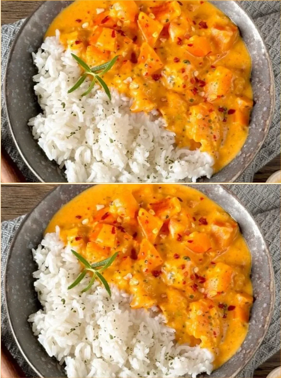 Kürbis-Curry mit Kokosmilch, serviert in einer bunten Schüssel