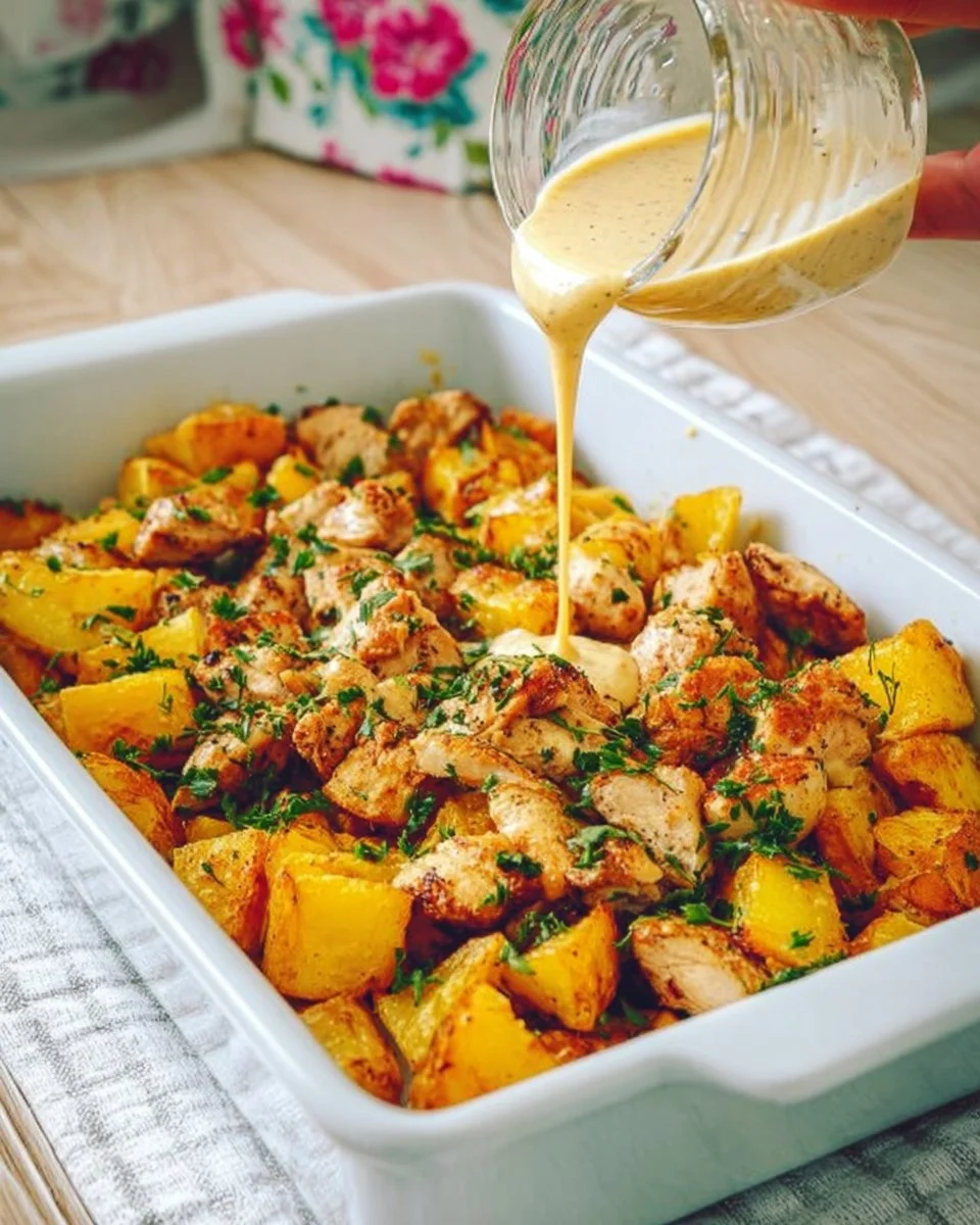 Gebackenes Hähnchen mit Kartoffeln und geschmolzenem Käse auf einem Teller