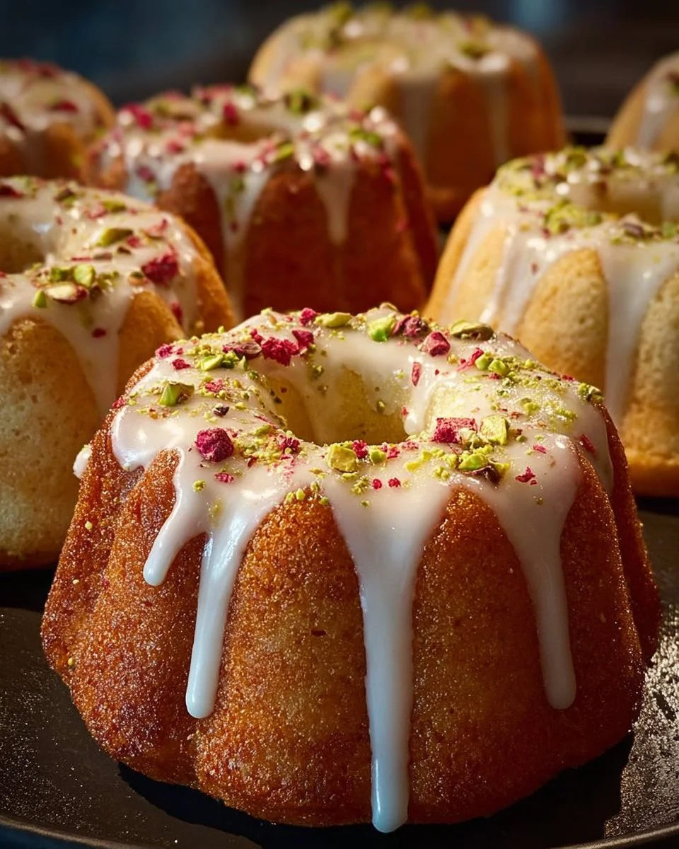 Mini Gugelhupfe mit Himbeeren, Pistazien und weißer Schokolade auf einem Teller