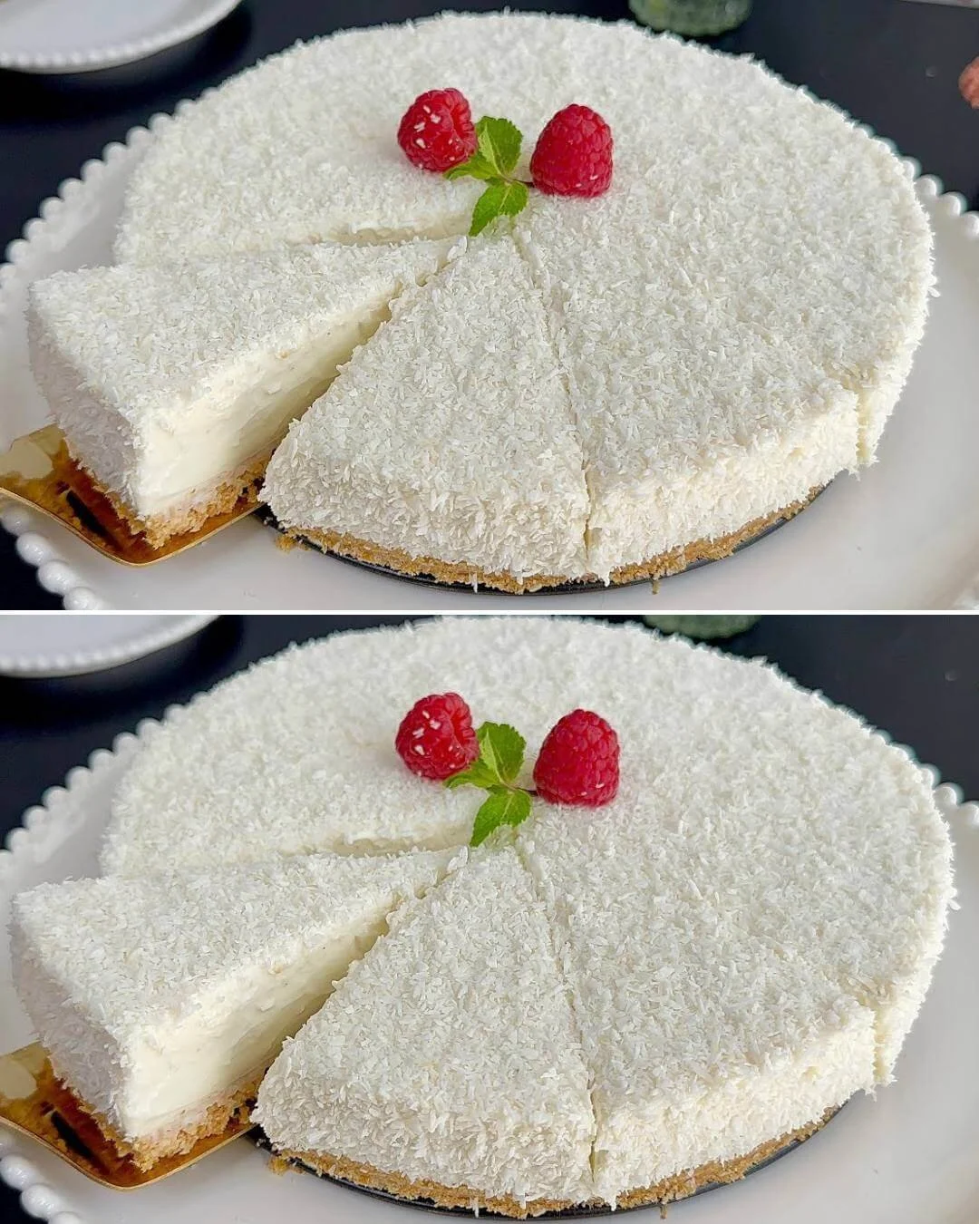 No-Bake Kokosnusscreme-Kuchen mit Kokosnüssen und Sahne auf einem Teller