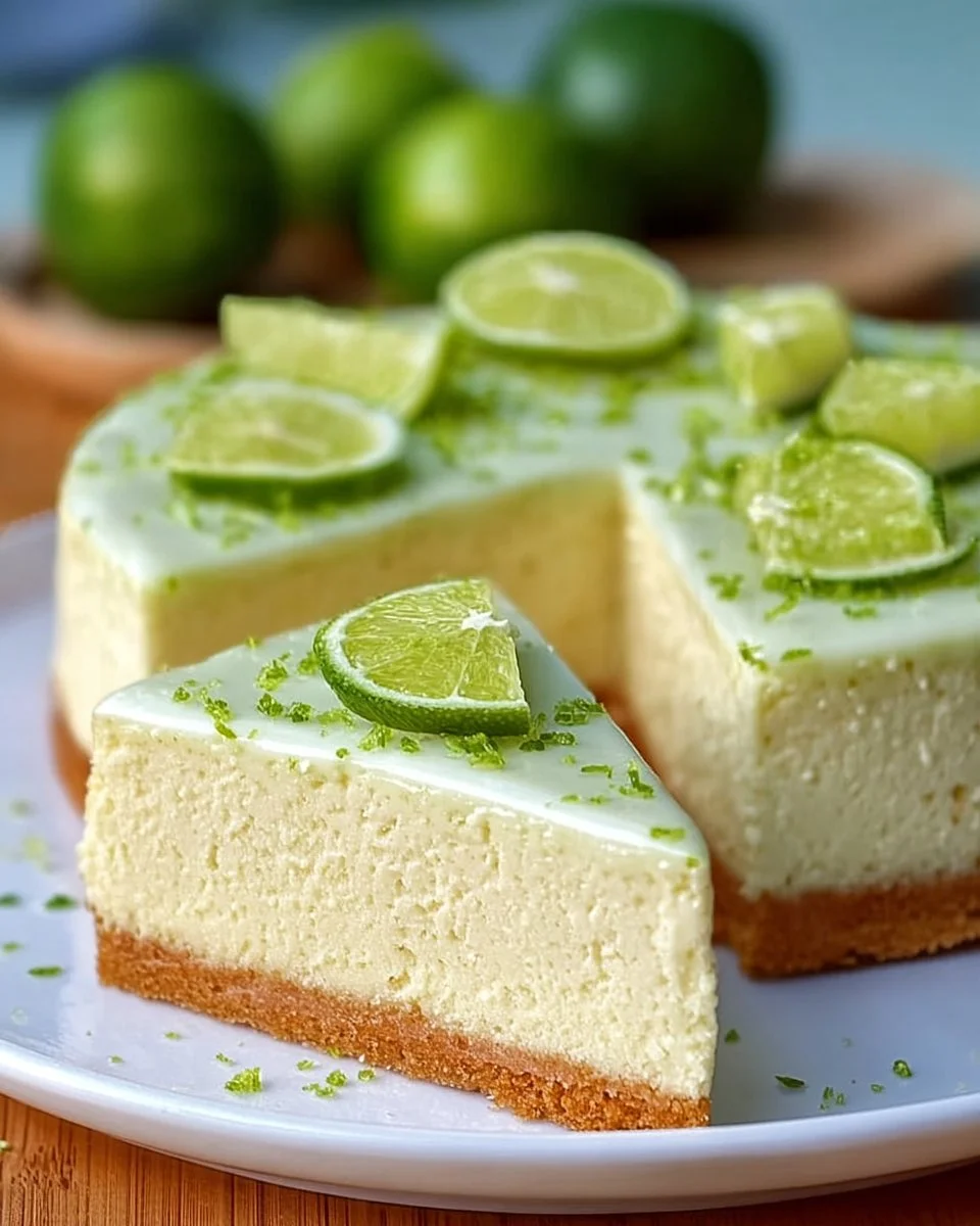 Milchfreier Limettenkuchen auf einem Teller mit Limetten und frischer Dekoration