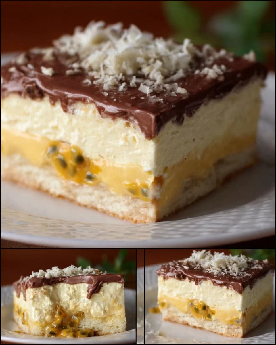 Leckeres Passionsfrucht Pavê Dessert mit frischer Passionsfrucht und Cremeschicht.
