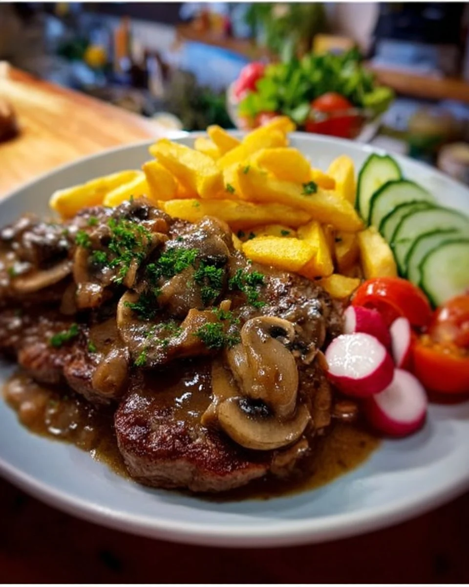 Köstlicher Pilzbraten serviert mit knusprigen Pommes