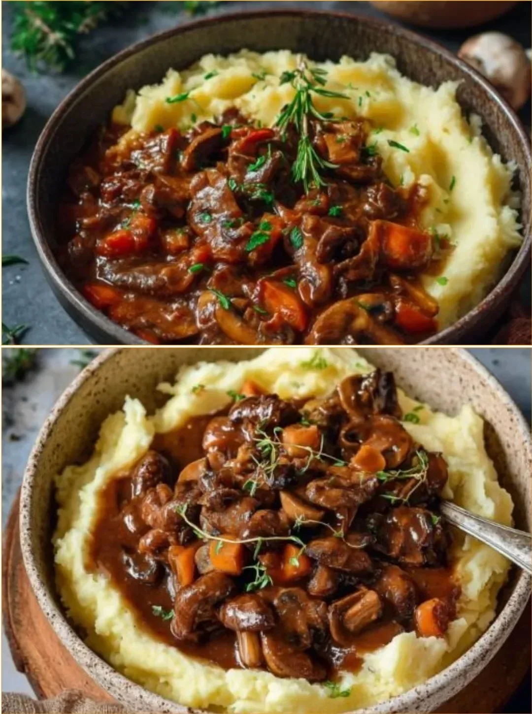 Delikates Pilzgulasch serviert mit cremigem Kartoffelpüree auf einem Teller.