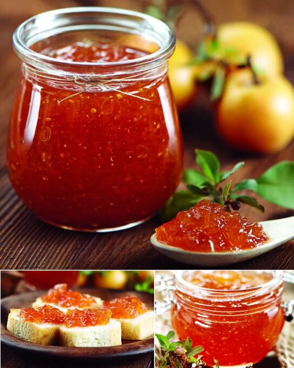 Hausgemachte Quittenmarmelade in einem Glas auf einem rustikalen Holztisch.
