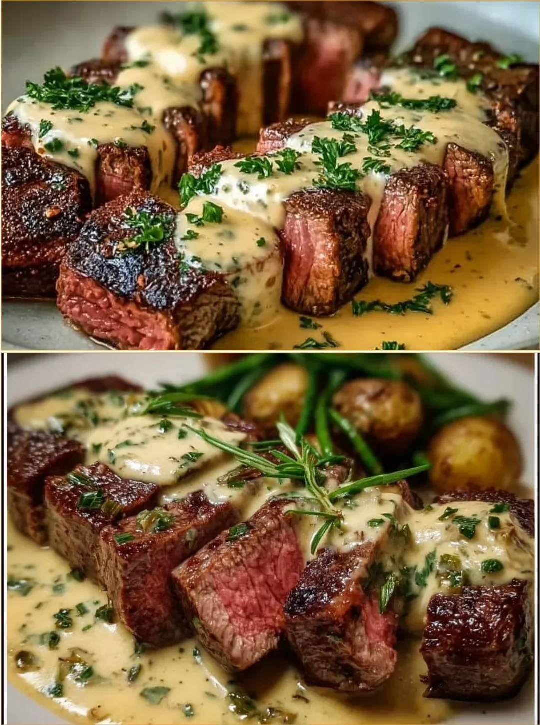 Saftiges Steak mit cremiger Knoblauchsauce serviert auf einem Teller