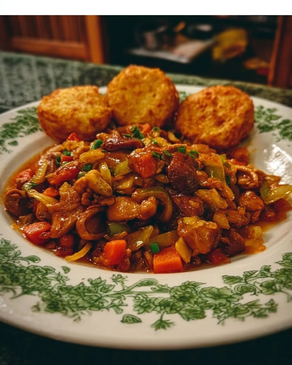 Schnelles Hühnergericht mit knusprigen Kartoffelpuffern auf dem Teller