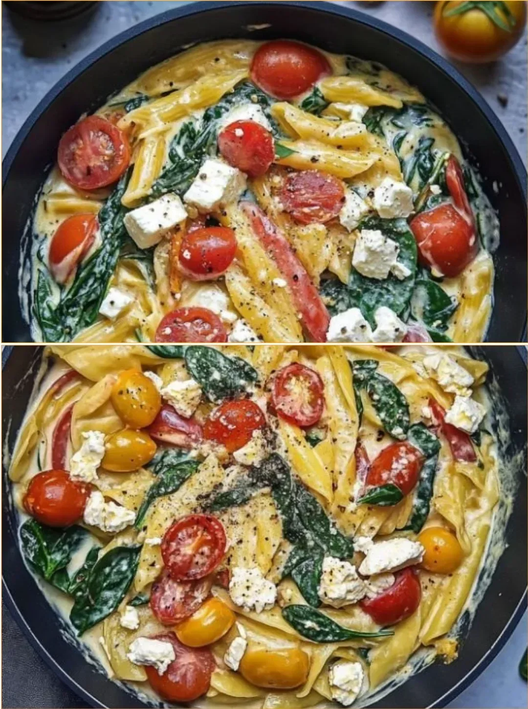 Spinat-Schupfnudeln mit Feta und Tomaten auf einem Teller