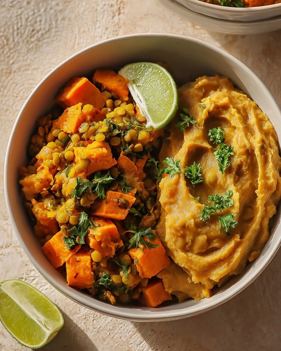 Schüssel mit Sweet Potato Lentil Curry, lecker und gesund, mit Gewürzen garniert.