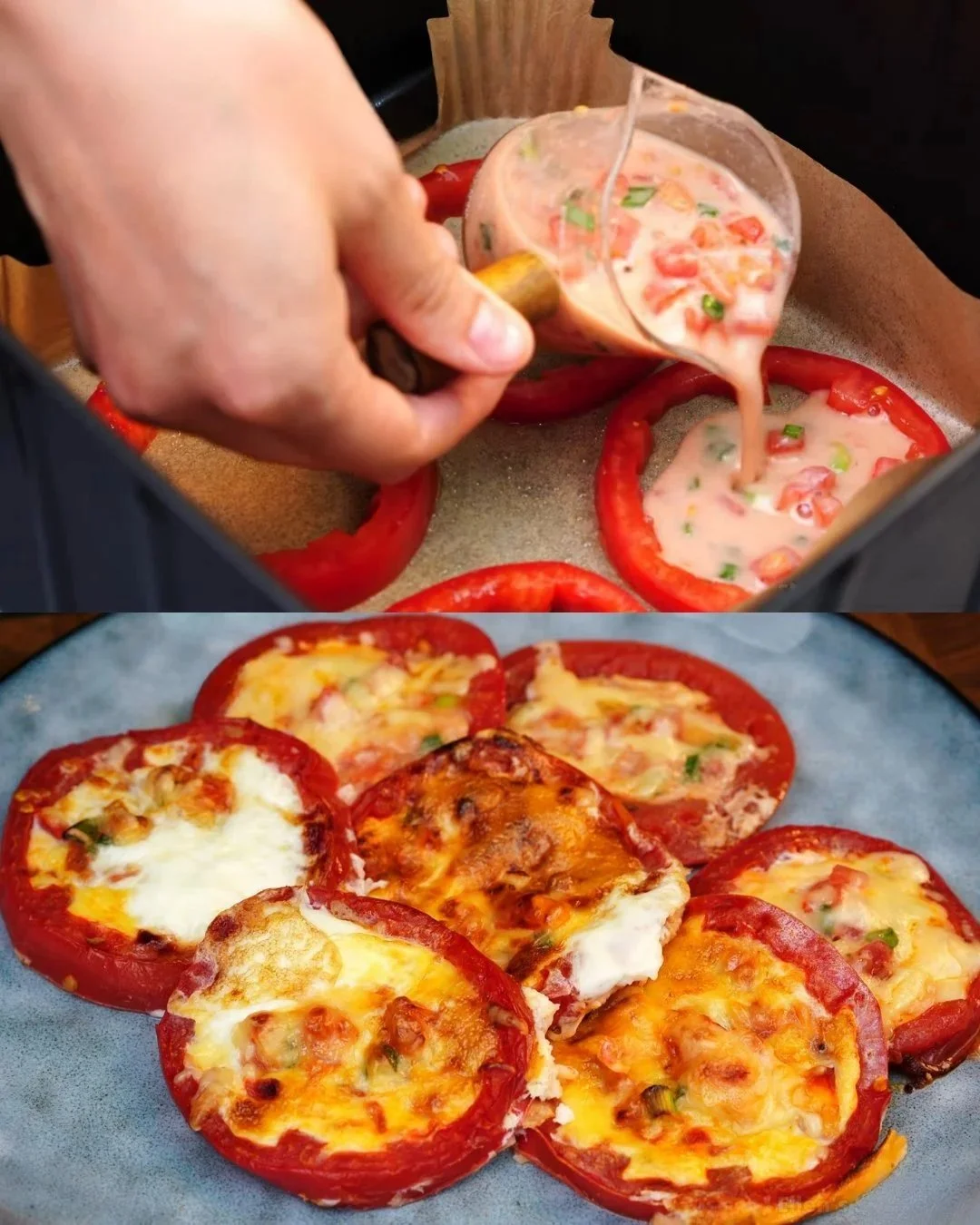 Leckere Tomaten Käse Eier Fritter auf einem Teller serviert