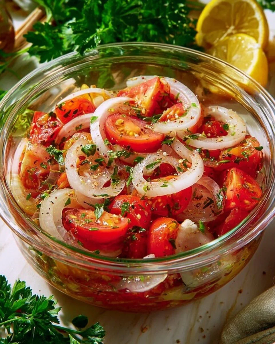 Tomatensalat mit Zwiebel und hausgemachtem Dressing auf einem Teller
