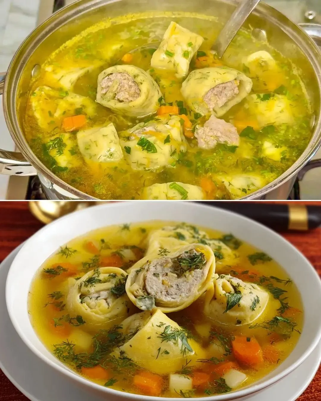 Traditionelle deutsche Suppe mit Strulli in einer Schüssel serviert.