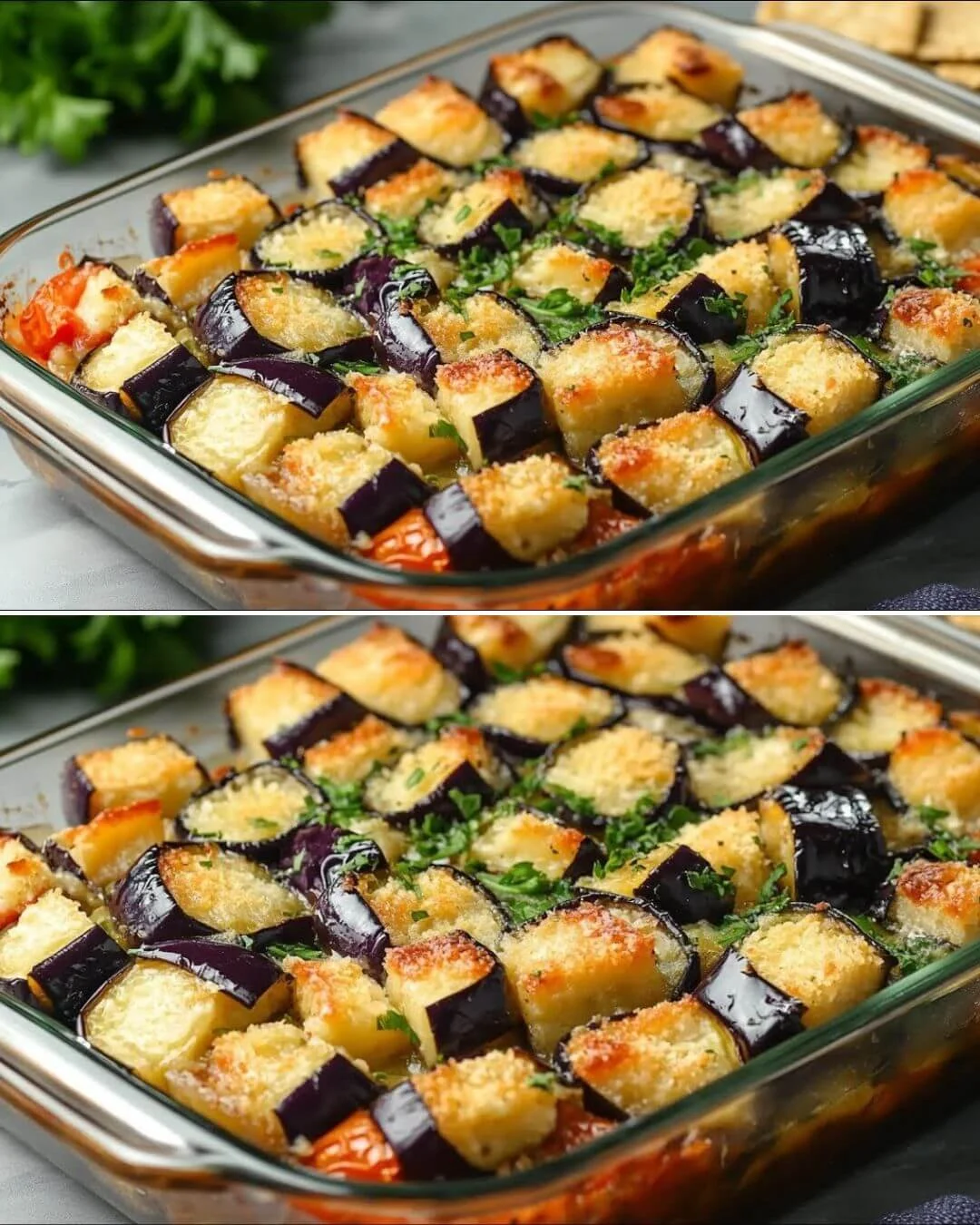 Überbackene Aubergine mit buntem Gemüse im Ofen zubereitet.