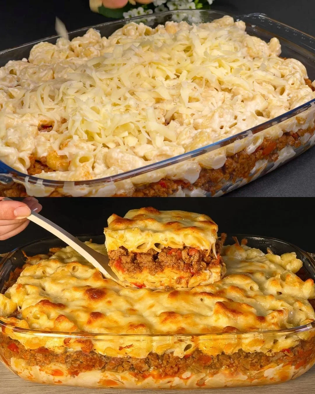 Überbackene Pipe Rigate Pasta mit Fleisch und Béchamelsoße auf einem Teller