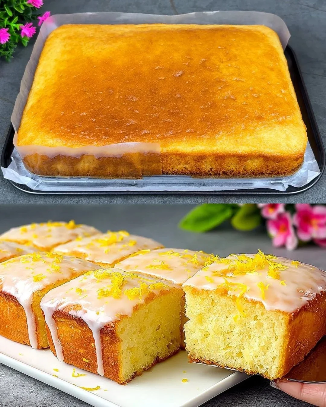 Zitronenkuchen mit Zitronenglasur auf einem Teller serviert