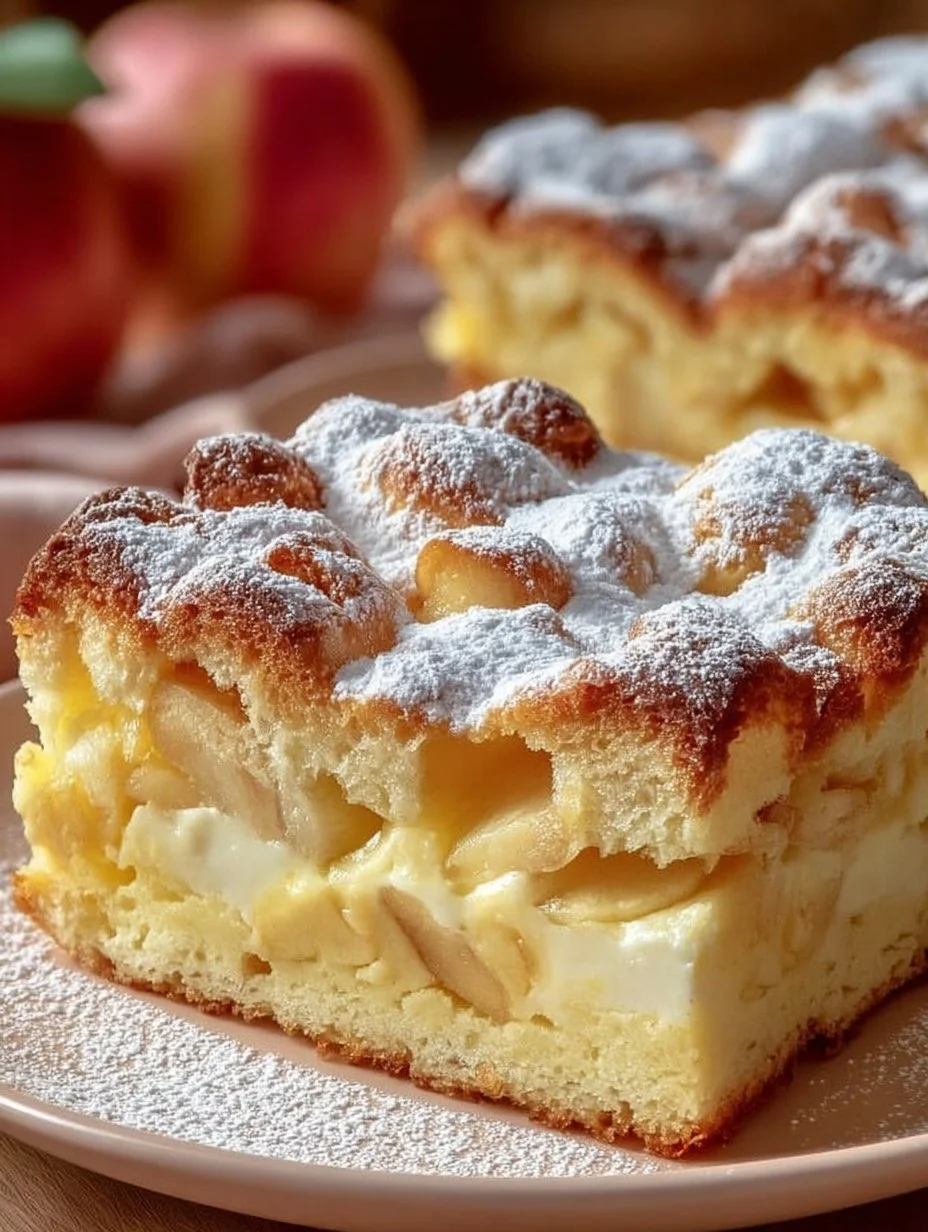 Apfelkuchen mit Vanillepudding serviert auf einem Teller