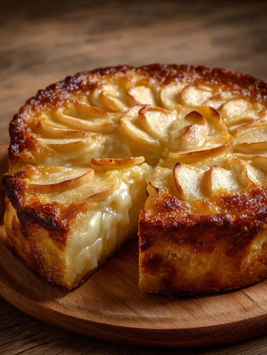 Apfelkuchen mit Vanillepudding auf einem Teller serviert