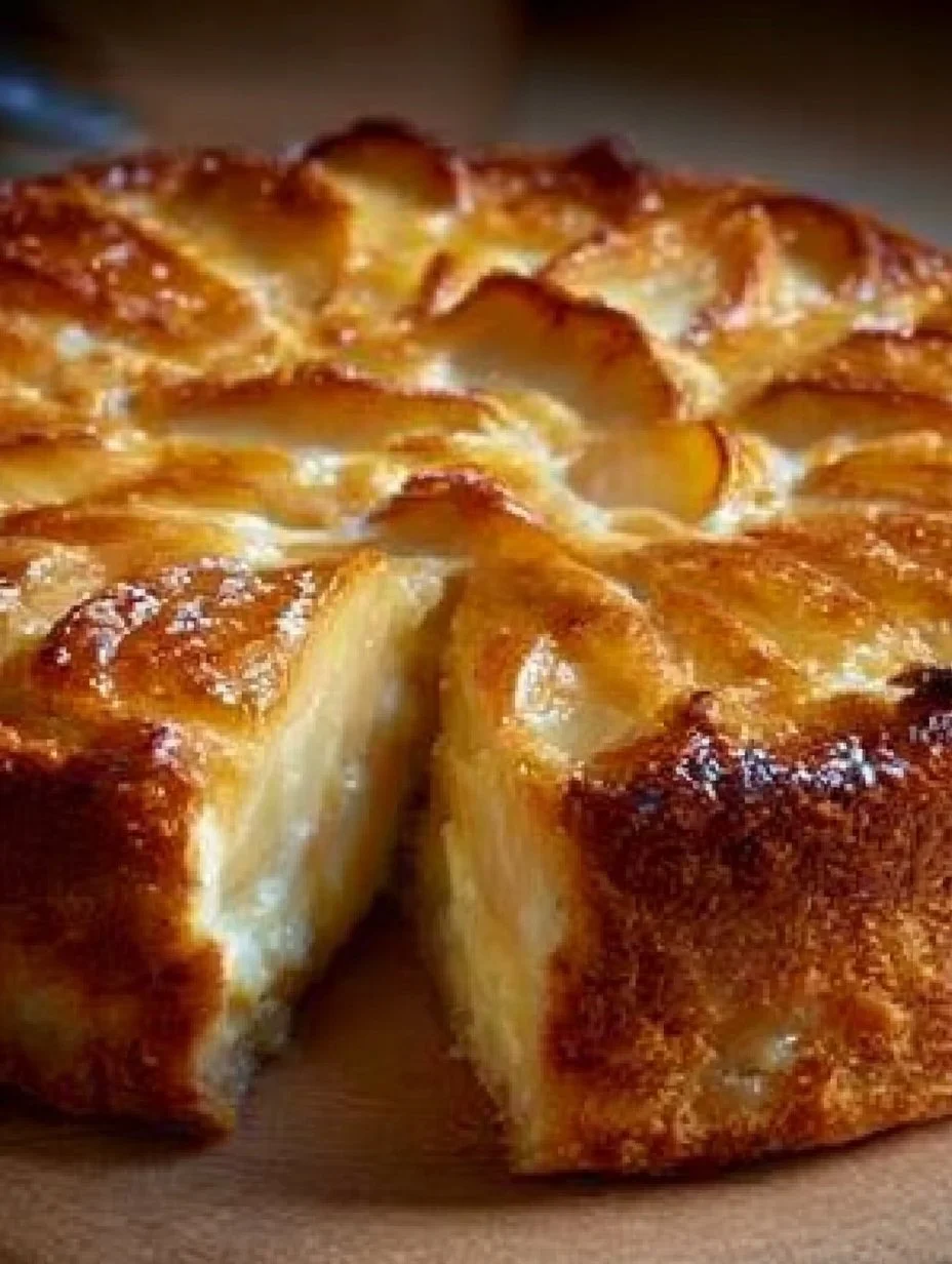 Apfelkuchen mit Vanillepudding auf einem Teller serviert