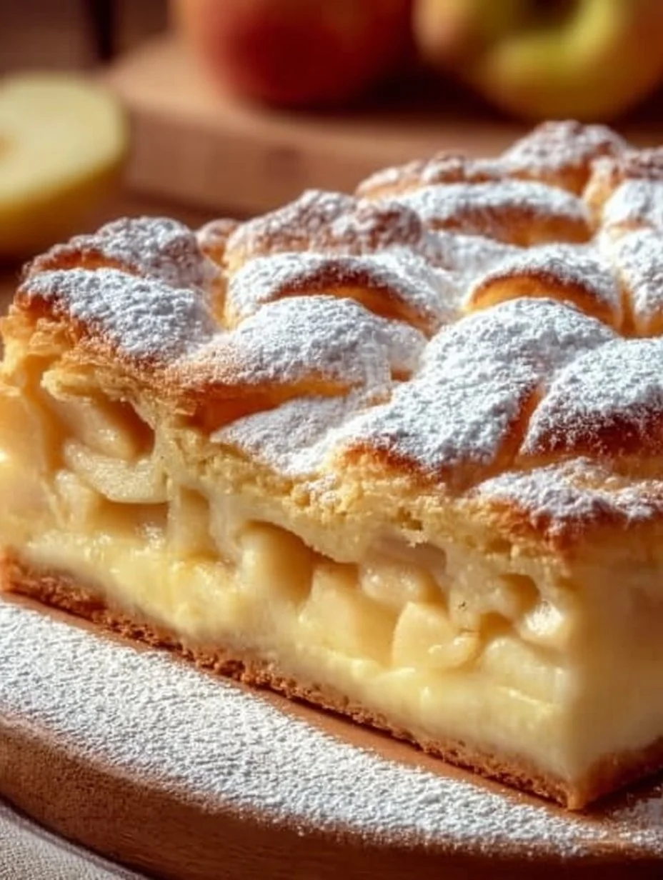 Apfelkuchen mit Vanillepudding, frisch gebacken und serviert auf einem Teller.