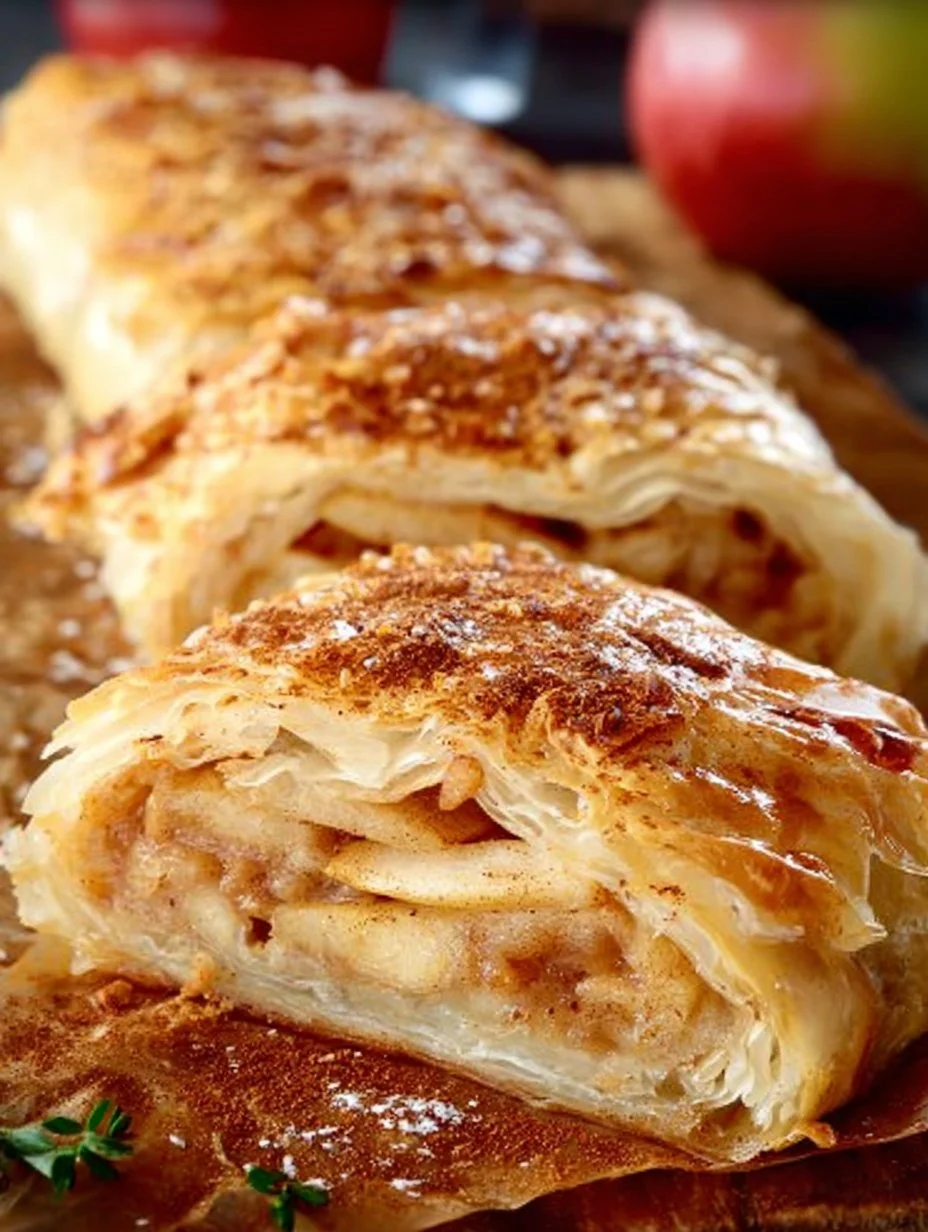 Verführerischer Apfelstrudel mit goldbraunem Teig und saftigen Äpfeln