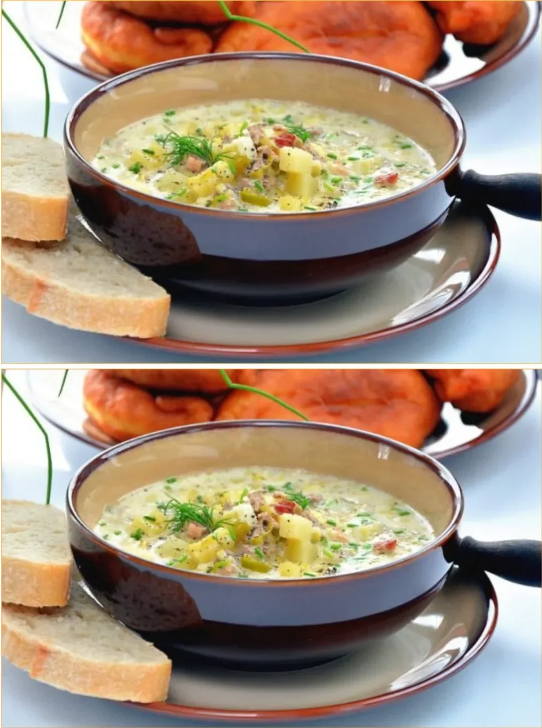 Frisches Baguette mit einer herzhaften Hackfleischsuppe serviert