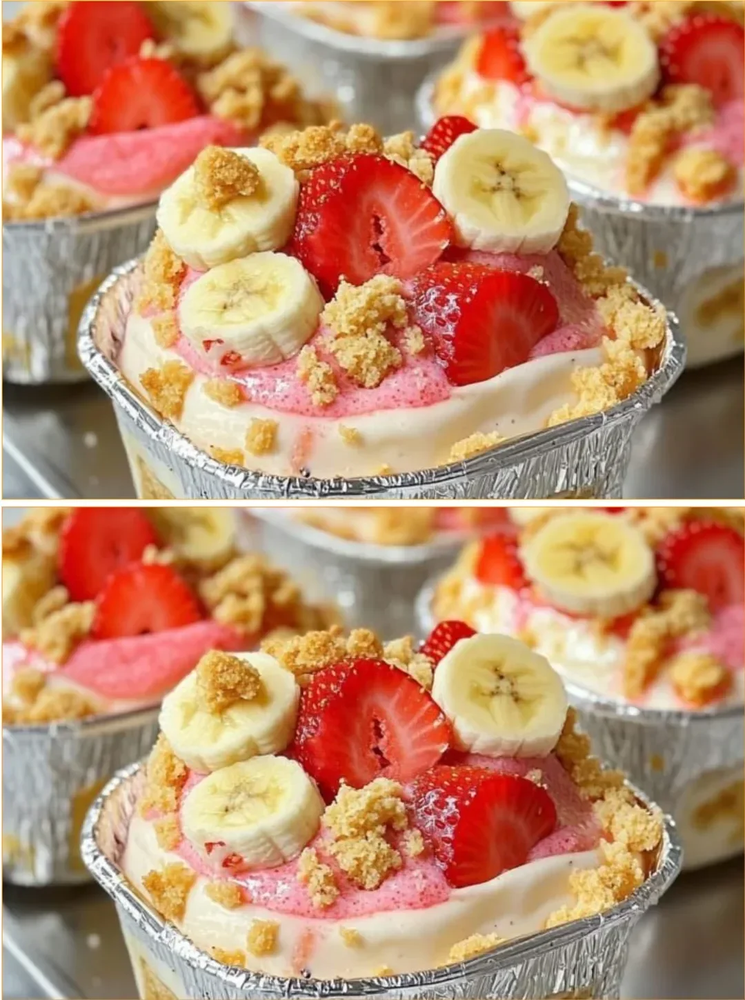 Bananen-Erdbeer-Creme-Dessert in einer Schüssel mit frischen Erdbeeren und Bananen.