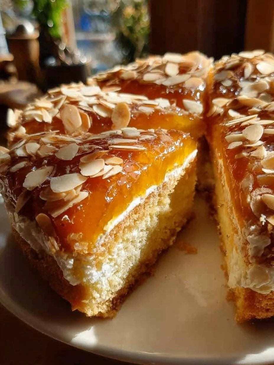 Bienenstich Kuchen mit Sahne und Mandeln auf einem Teller angerichtet