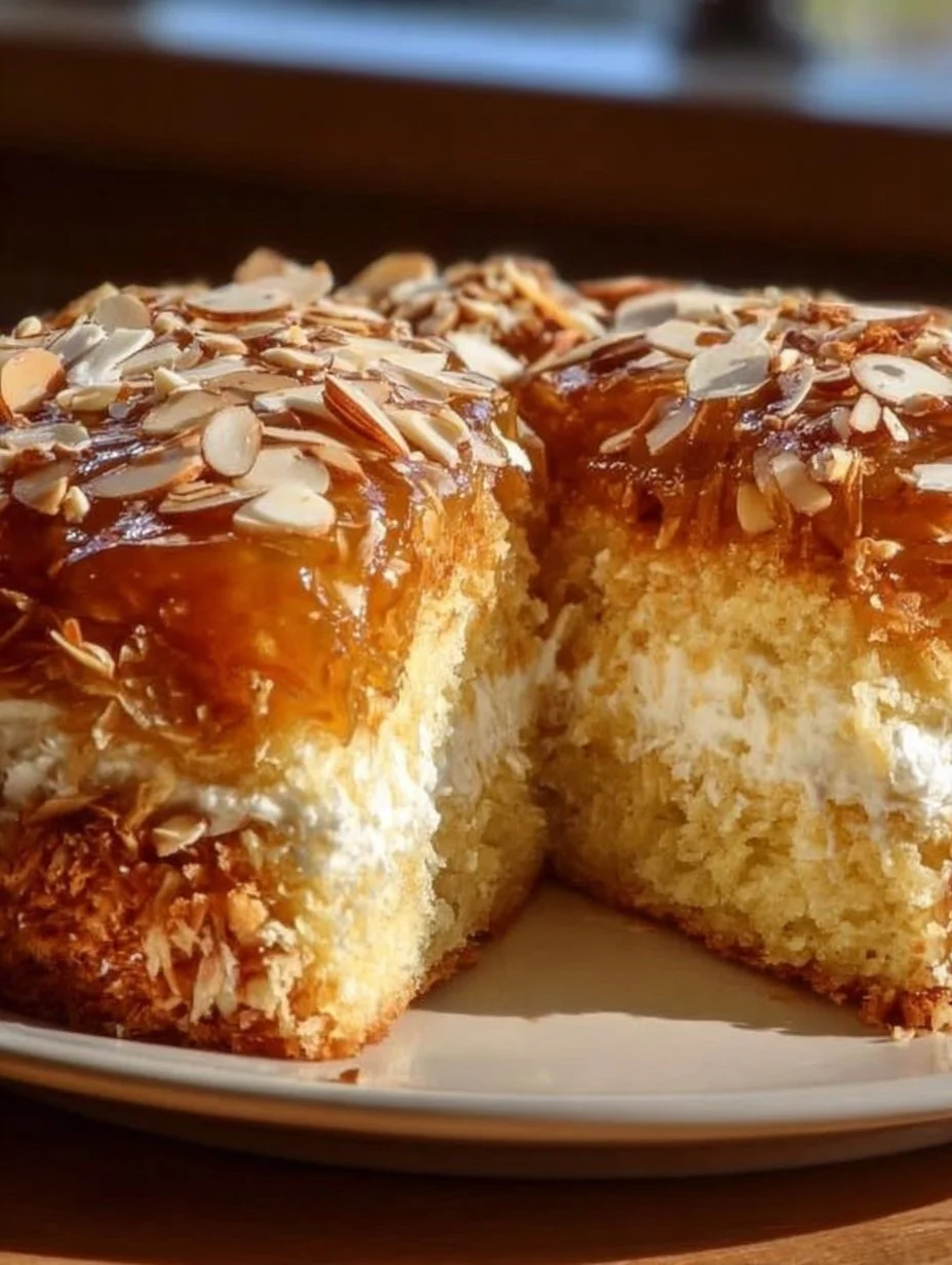 Bienenstich Kuchen mit Mandeln und Sahnefüllung