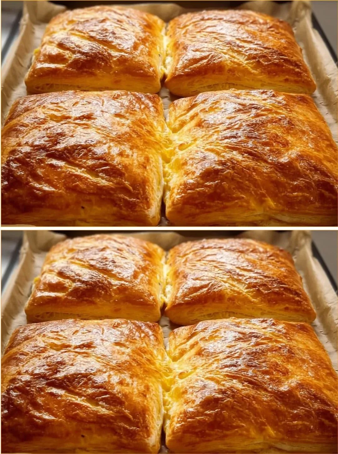 Leckere Blätterteigtaschen mit Käse gefüllt, serviert auf einem Holzbrett.