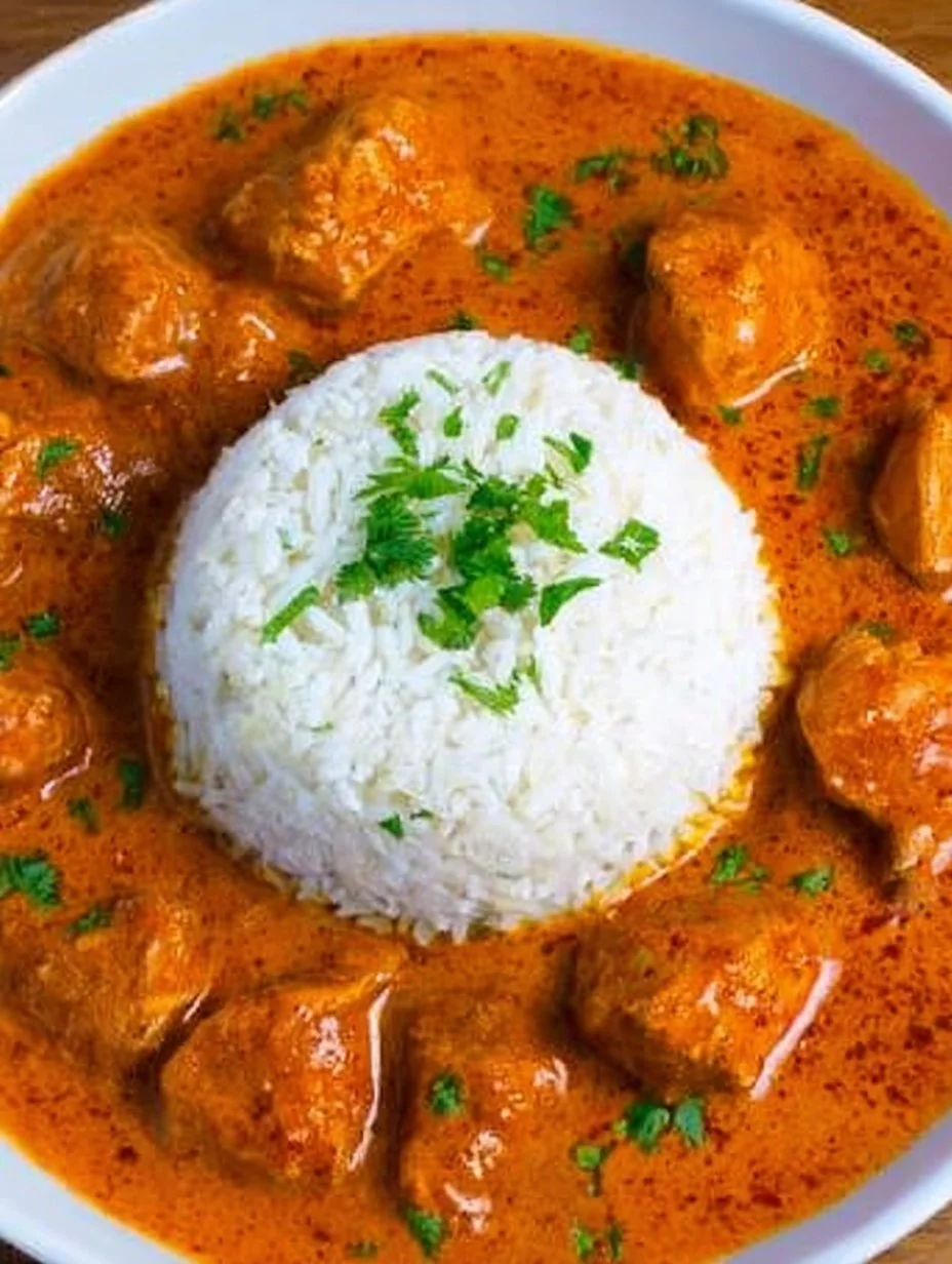 Ein Teller Butter Chicken mit Reis und Naan-Brot