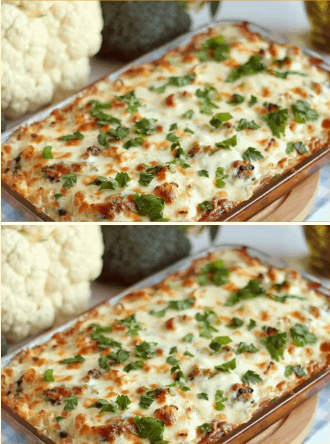 Cauliflower Gratin mit Tomatensauce auf einem Teller serviert