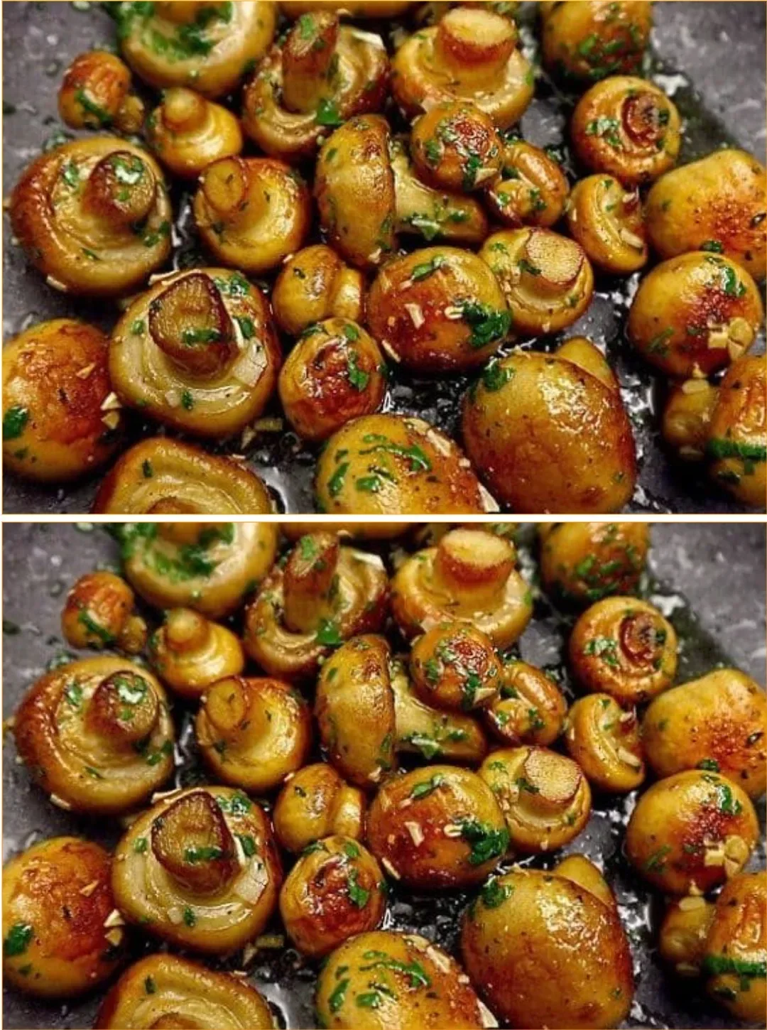 Champignon-Pilze mit Knoblauch und frischer Petersilie in einer Pfanne
