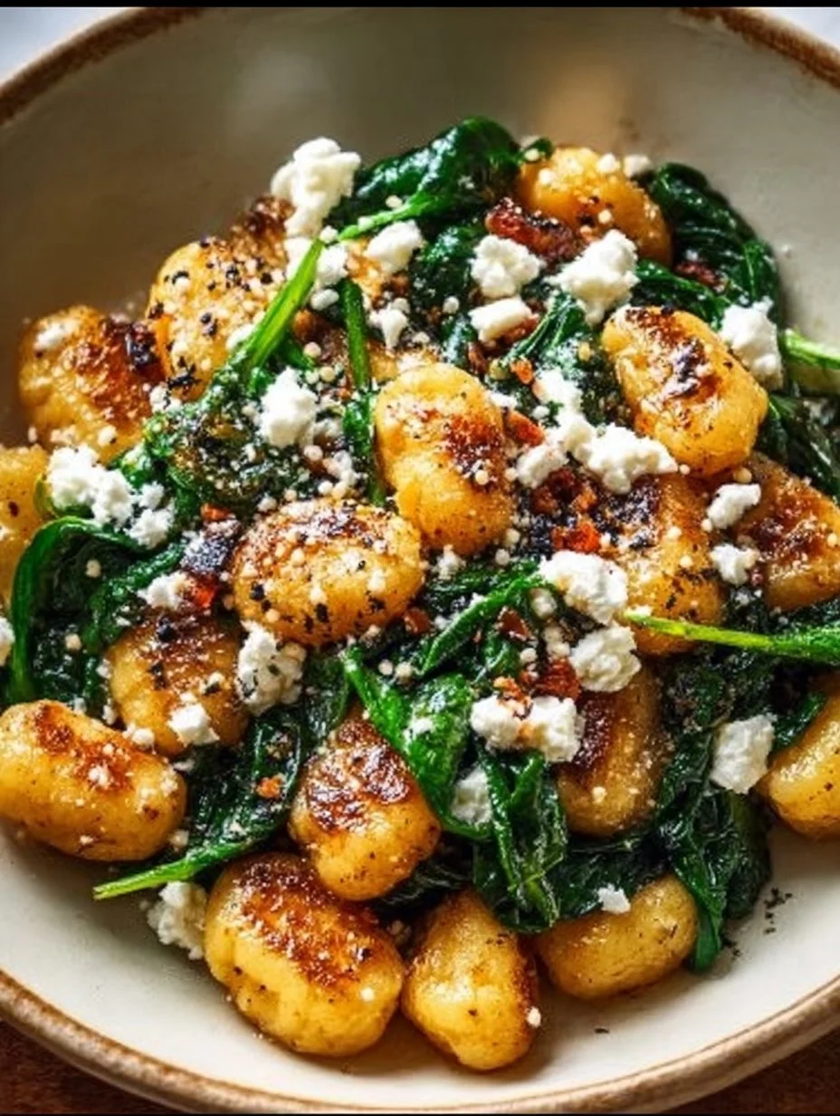 Cremige Gnocchi mit Spinat und Feta auf einem Teller serviert.