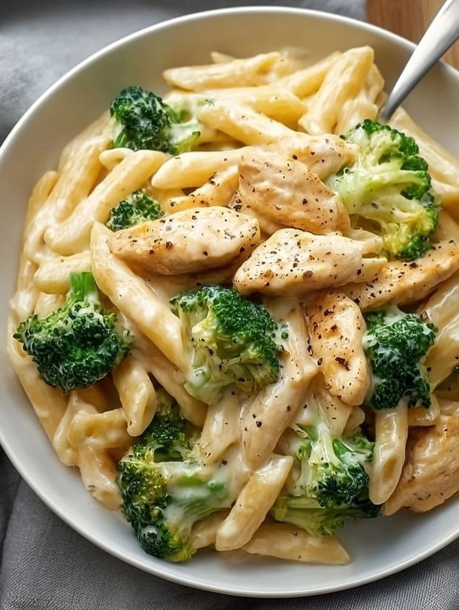 Cremige Hähnchen-Brokkoli-Pasta mit frischem Gemüse und Nudeln