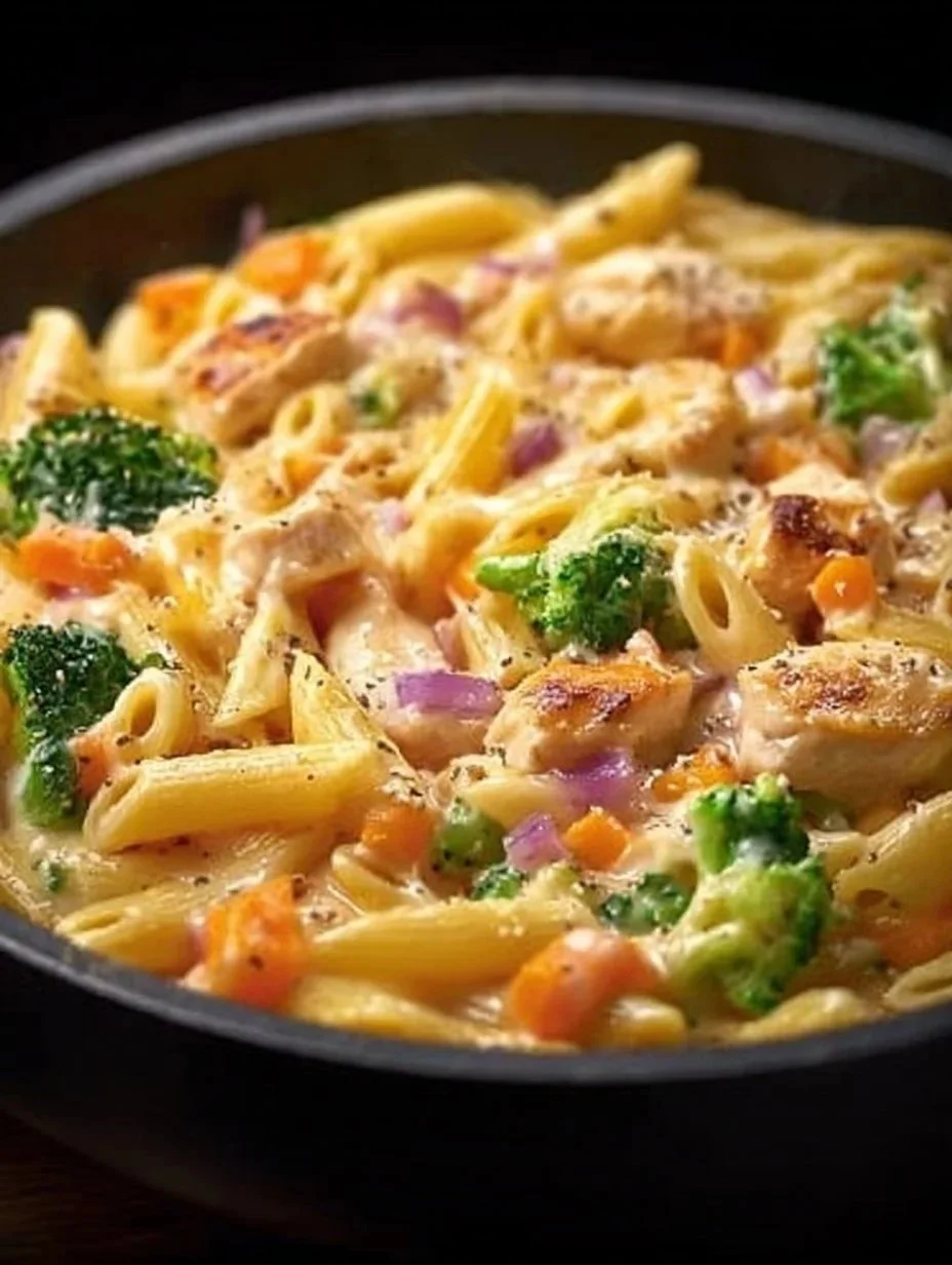 Cremige Nudeln mit Hähnchenfleisch und buntem Gemüse, perfekt für ein schnelles Abendessen.
