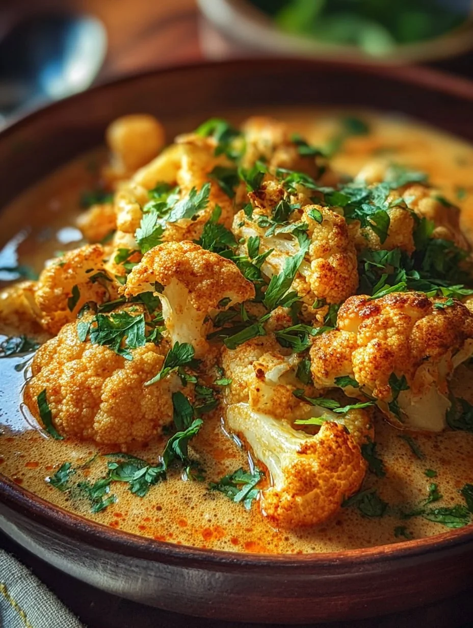 Cremiger Blumenkohl-Curry aus dem Backofen auf einem Teller serviert
