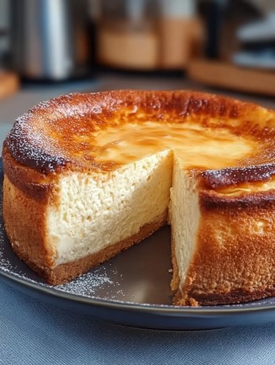 Cremiger Käsekuchen auf einem Teller mit frischen Früchten dekoriert.