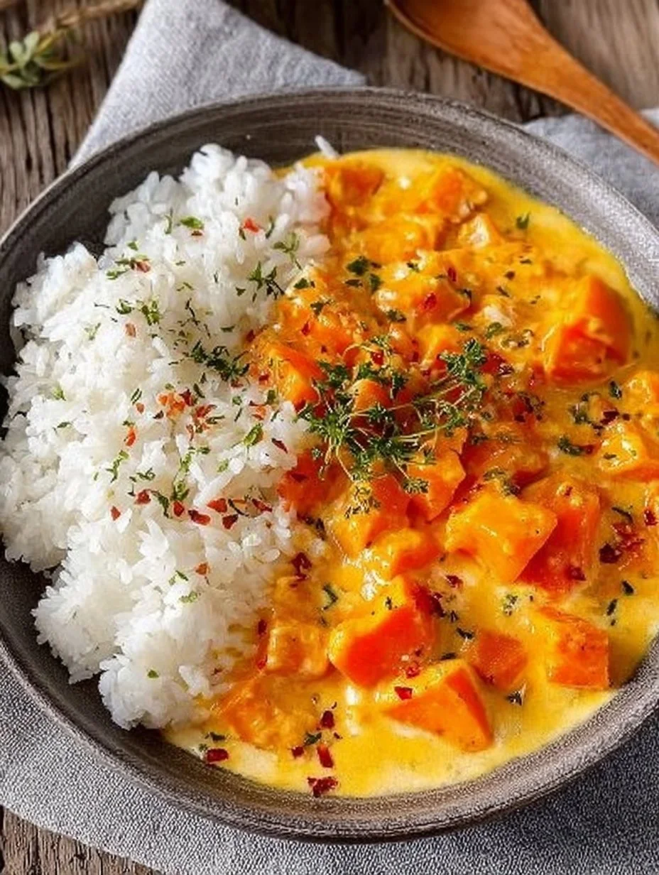 Cremiges Kürbis-Curry mit Kokosmilch in einer Schüssel serviert.