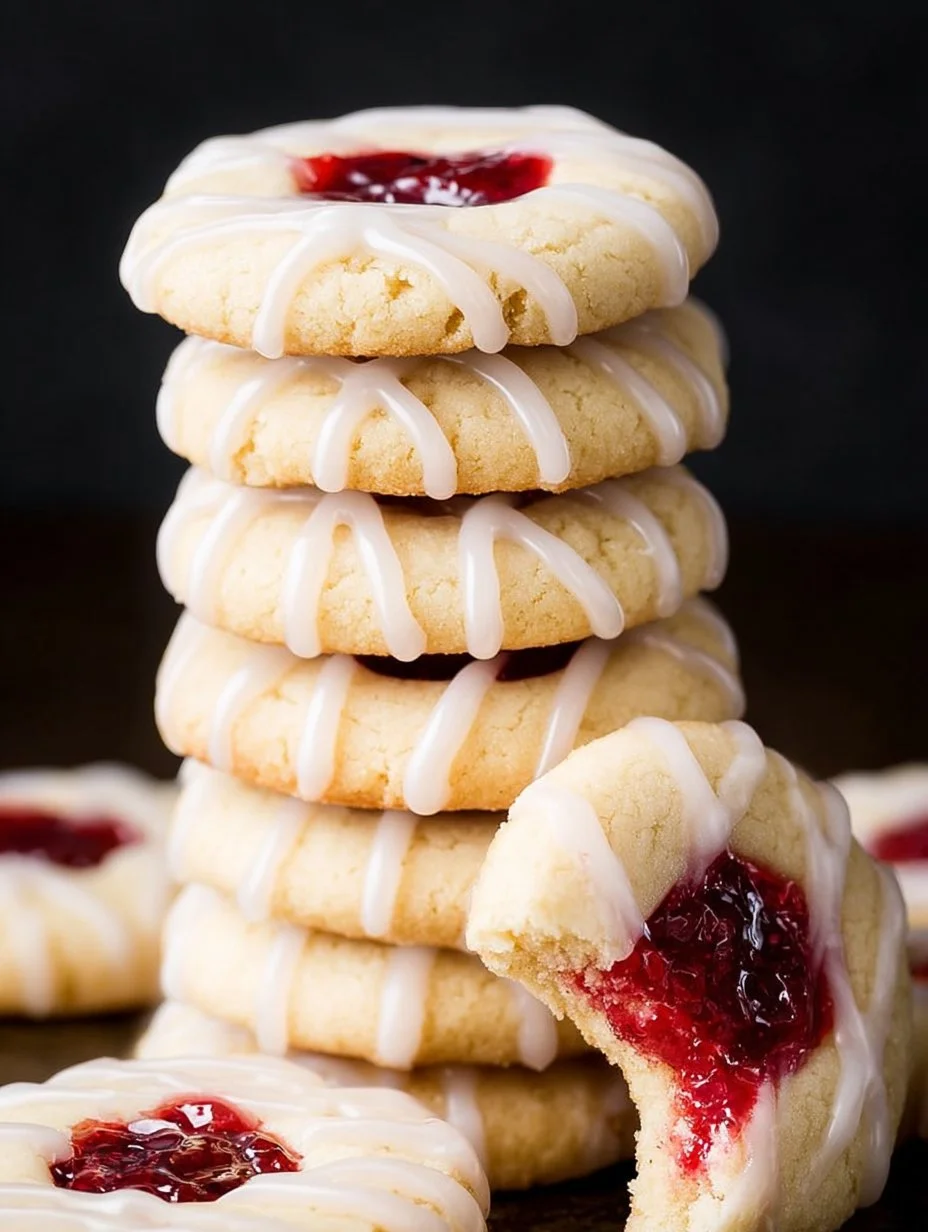 Daumenabdruckkekse mit Himbeeren und Mandeln auf einem Teller